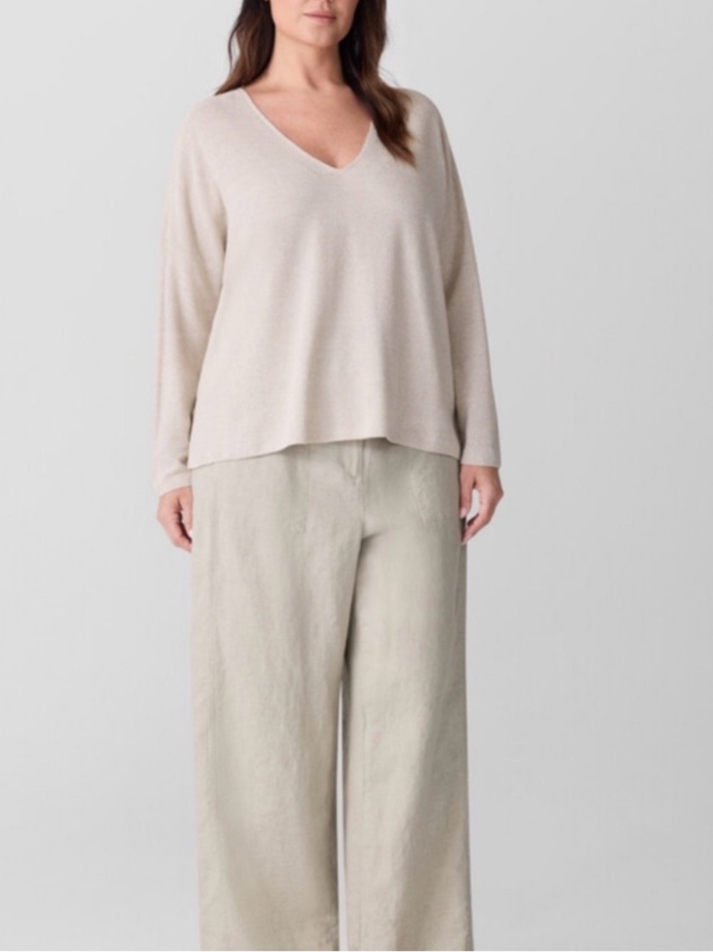 Eileen Fisher Neutral Cream V-Neck Textured Linen and Cotton Tunic